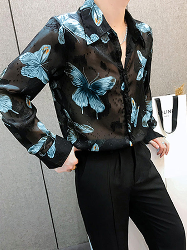 Mens Butterfly Print Sheer Long Sleeve Shirt SKUK68196