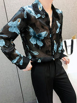 Mens Butterfly Print Sheer Long Sleeve Shirt SKUK68196