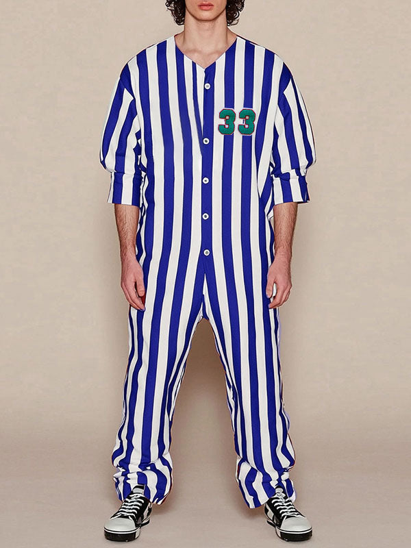 Mens Numeric Print Striped Long-Sleeve Jumpsuit SKUK90542