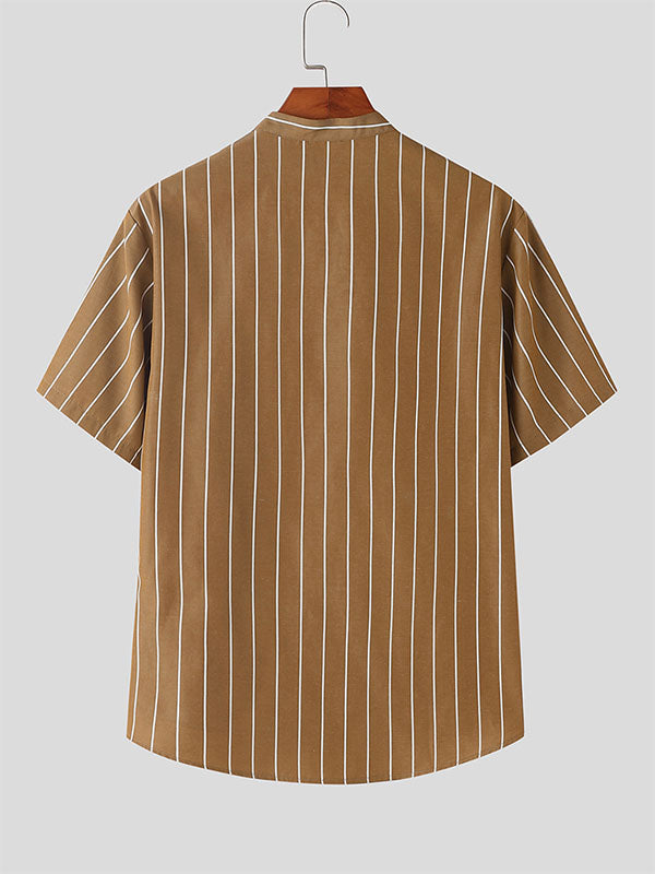 Mens Striped Stand Collar Short Sleeve T-Shirt SKUK74697