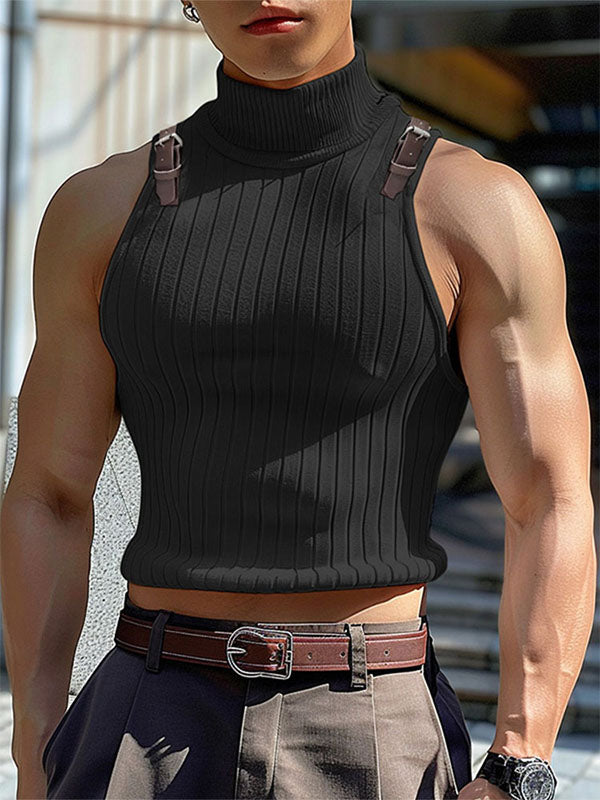 Mens Solid Color Turtleneck Knit Sleeveless Tank