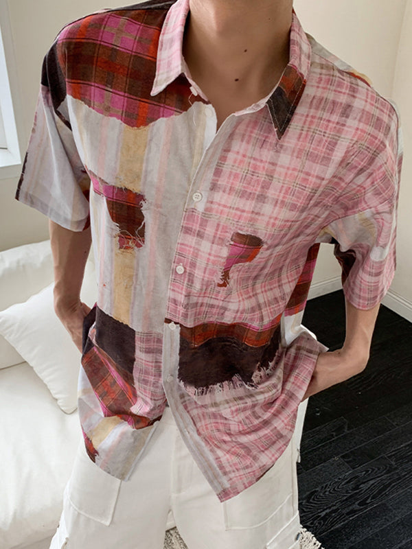 Mens Striped and Checkered Print Short Sleeve Shirt SKUK65900