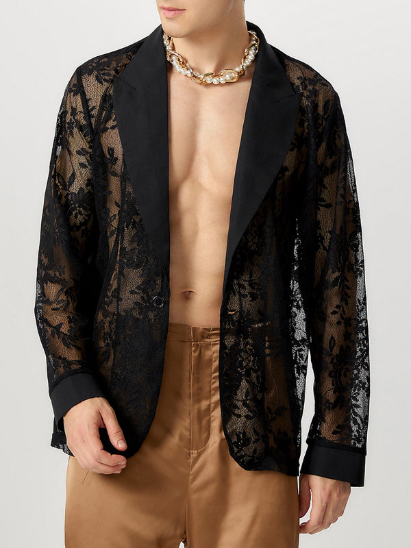 Mens Lace Print Sheer Long-Sleeve Blazer SKUK81536