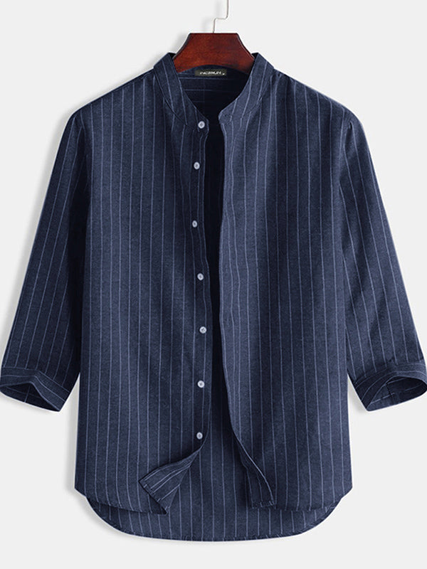 Mens Cotton Linen Striped Stand Collar Shirts SKUE65653