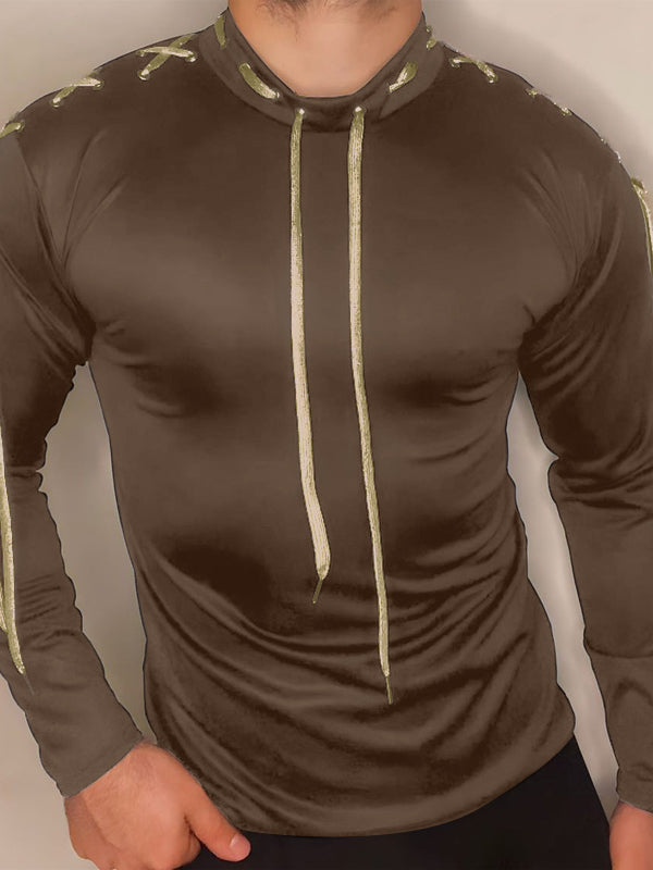 Mens Lace-Up Design Fitted Long Sleeve T-Shirt SKUK83107