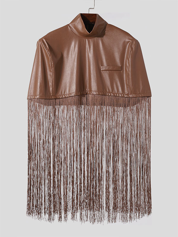 Mens PU Leather Fringe Patchwork Cloak SKUK42831