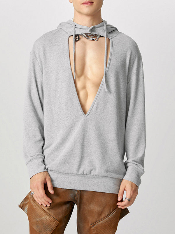 Mens Cut-Out Design Deep V-Neck Long-Sleeve Sweatshirt SKUK78593