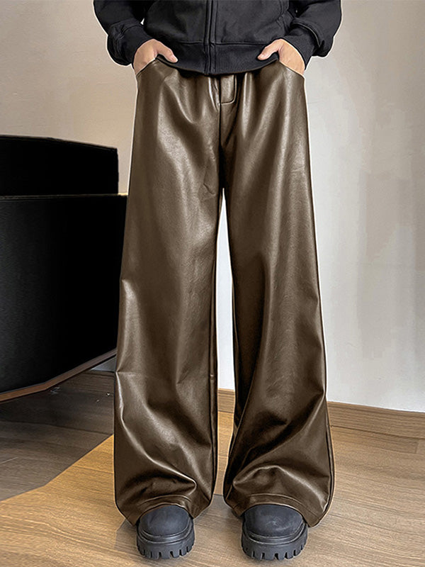 Mens Solid Color Leather Wide-Leg Pant SKUK88078