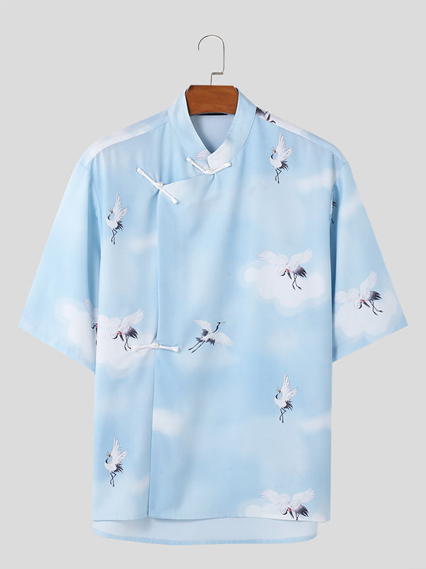 Mens Cranes Print Stand Collar Short Sleeve Shirt SKUK65450