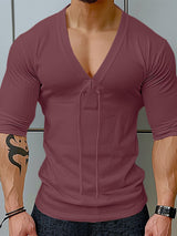 Mens Solid Color V-Neck Half Sleeve T-Shirt SKUK78608