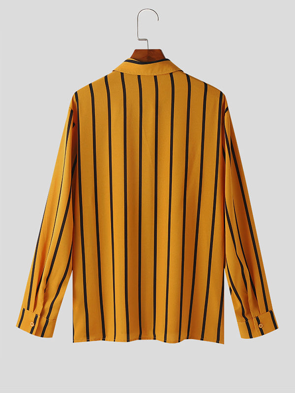 Mens Striped Lapel Collar Long Sleeve Shirt SKUK59935