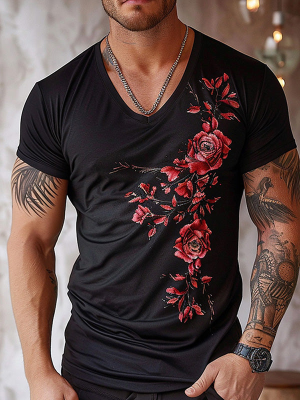 Mens Floral Print V-Neck Fitted T-Shirt SKUK67502