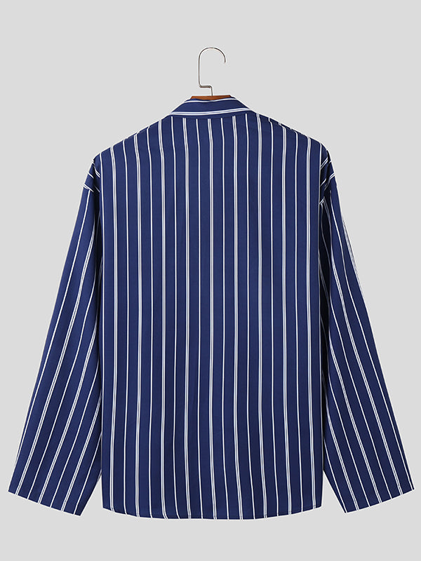 Mens Striped Lapel Double Breasted Casual Shirt SKUK37356