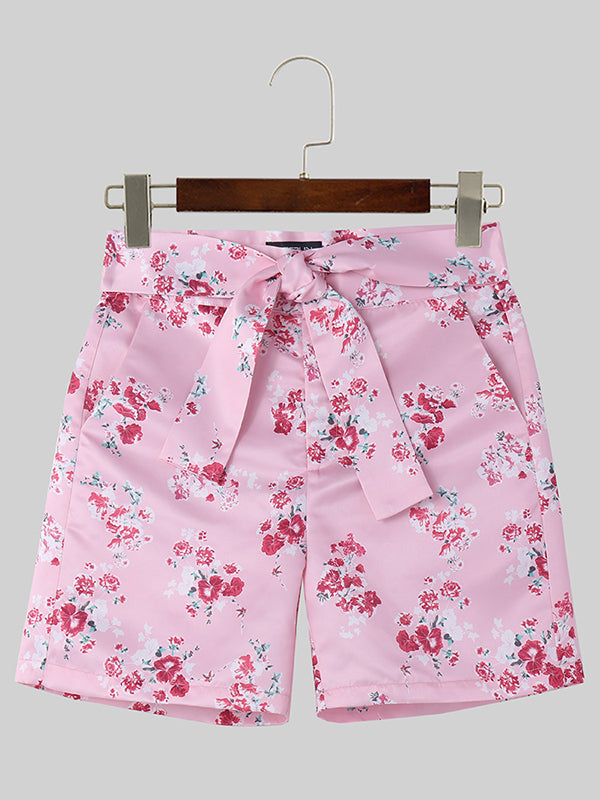 Mens Allover Floral Print Tie Waist Shorts SKUK51230