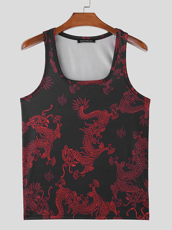 Mens Dragon Print Square Collar Sleeveless Vest SKUK42212