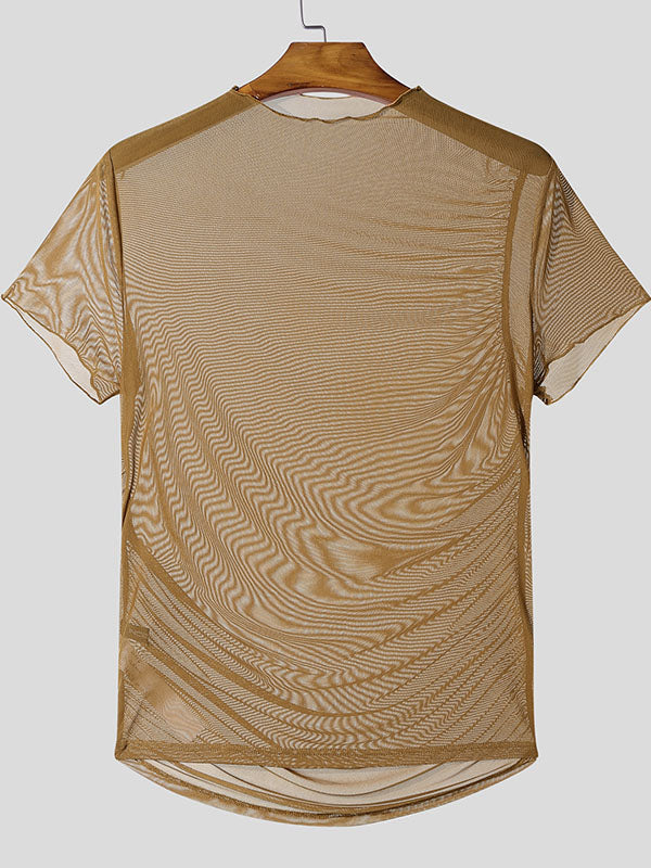 Mens Pleated Mesh Sheer Short Sleeve T-Shirt SKUK92611