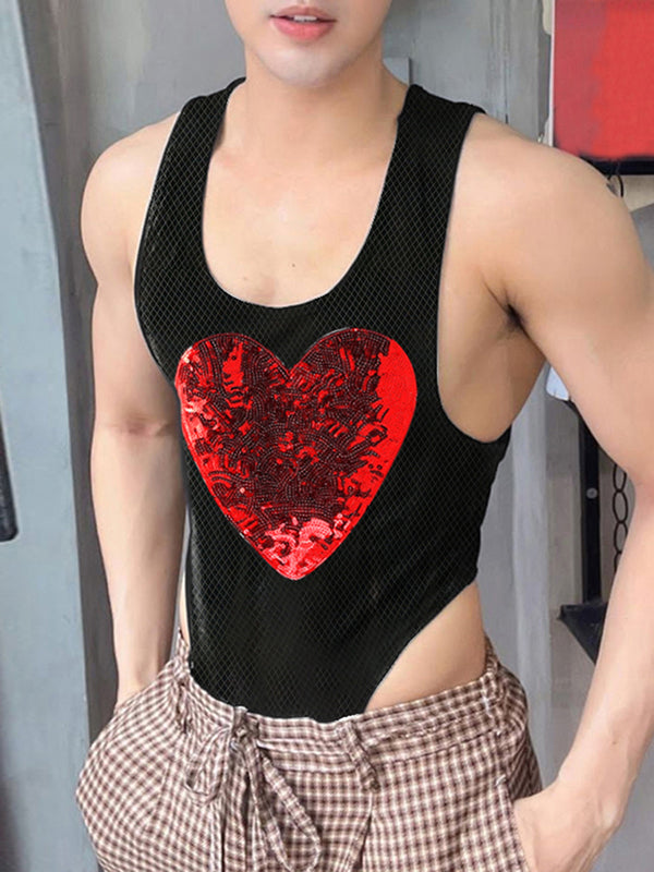 Mens Sequined Heart Patched Scoop Neck Bodysuit SKUK08697