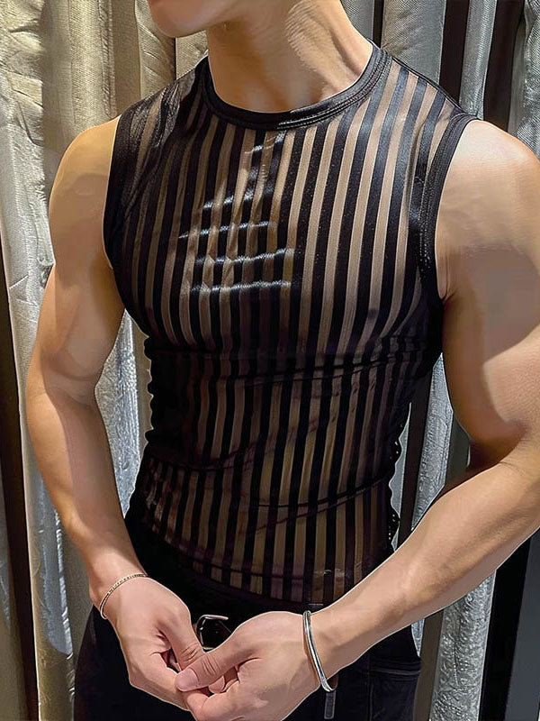 Mens Sheer Striped Crew Neck Sleeveless Tank SKUK67979