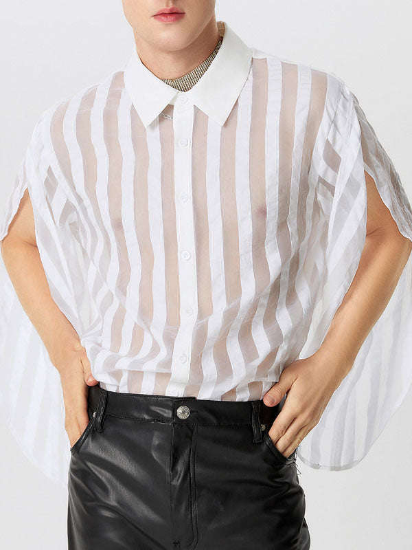 Mens Striped Sheer Sleeve Slit Design Shirt SKUK74079