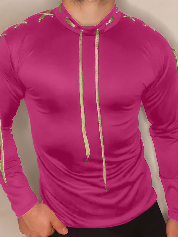 Mens Lace-Up Design Fitted Long Sleeve T-Shirt SKUK83107