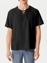 Mens Eyelet Drawstring Casual Short-sleeved Shirts SKUI90676