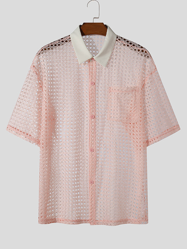 Mens Cutout Mesh Colorblock Short Sleeve Shirt SKUK76923