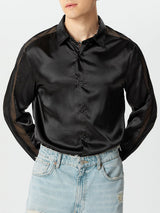 Mens Mesh Hollow-Out Patchwork Satin Long-Sleeve Shirt SKUK76986