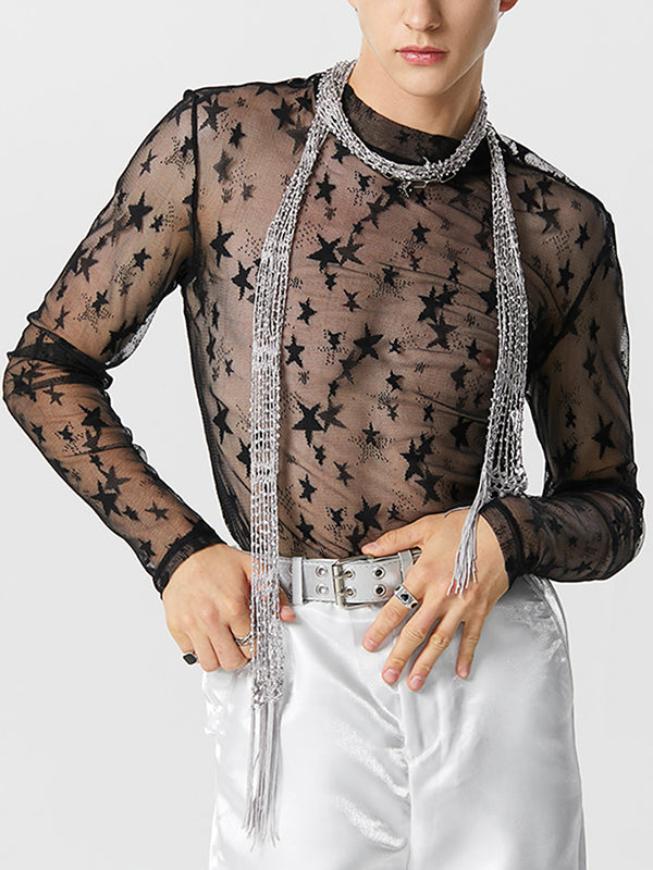 Mens Star Pattern Mesh See Through T-Shirt SKUK25652