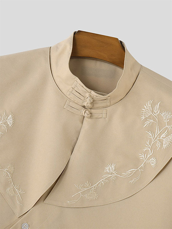 Mens Floral Embroidered Frog Button Long Sleeve Shirt SKUK39061