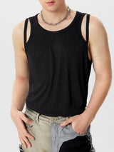 Mens Solid Rib-Knit Cutout Sleeveless Vest SKUK35351