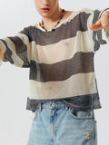 Mens Mesh Knit Wide Striped Loose T-Shirt SKUK08378
