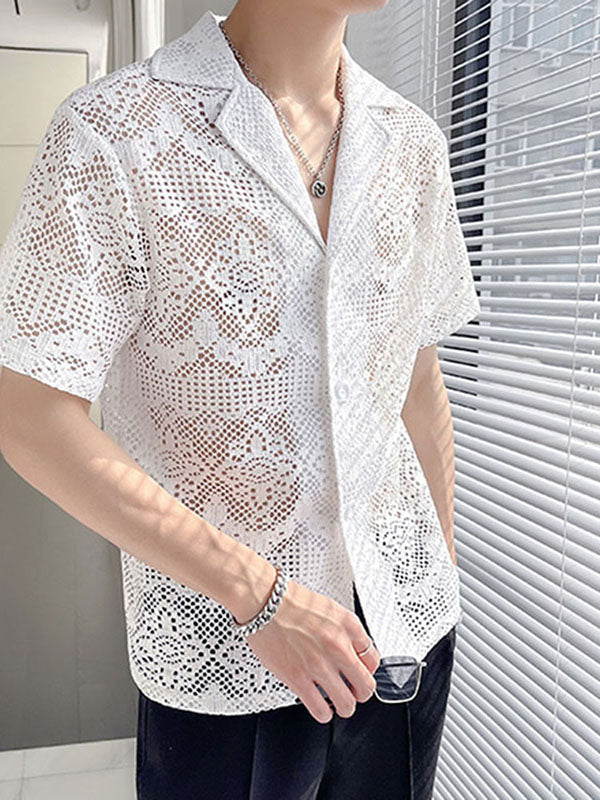 Mens Thin Lace Sheer Short Sleeve Shirt SKUK65524