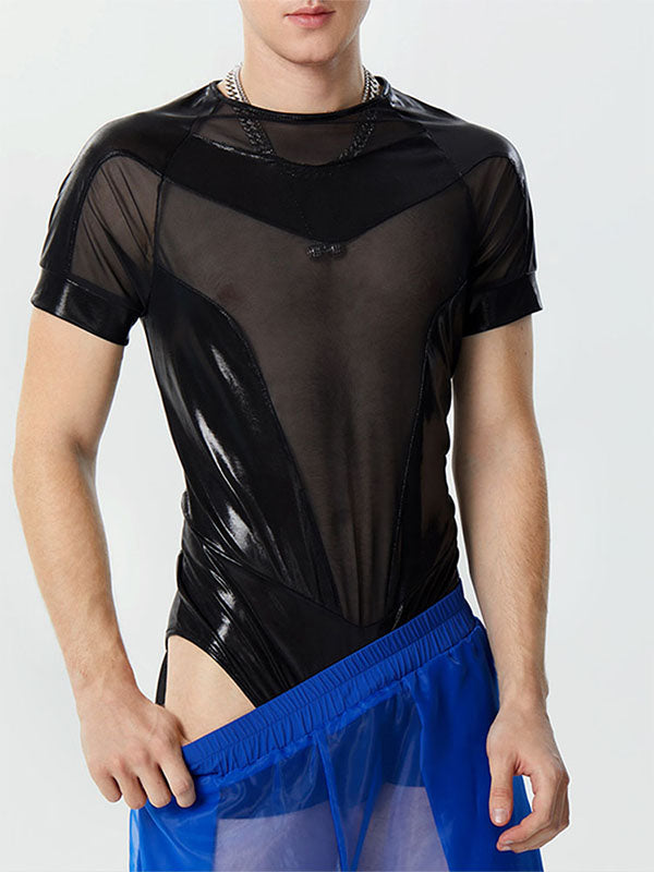 Mens Metallic Mesh Patchwork Short Sleeve Bodysuit SKUK39073