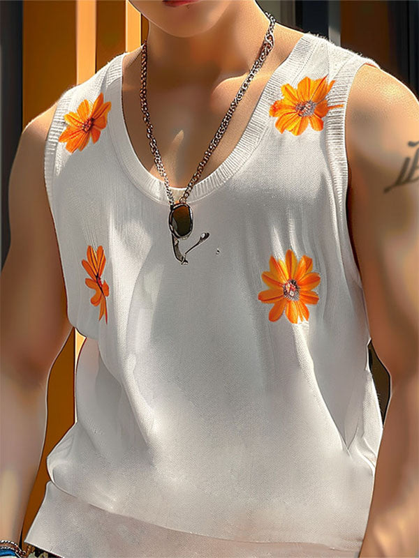 Mens Floral Print Hollow-Out V-Neck Tank SKUK68149