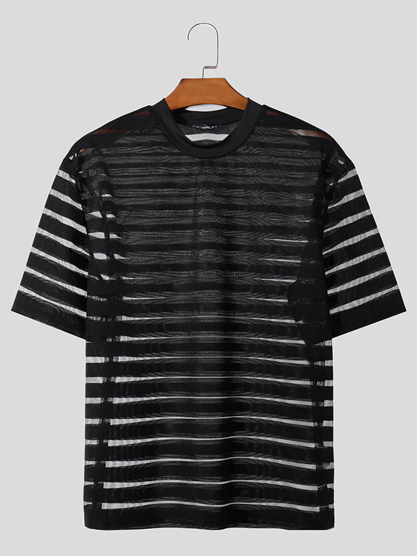 Mens Striped Mesh Half Sleeve T-Shirt SKUK35619