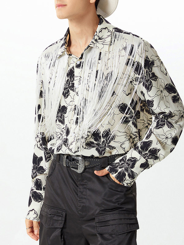 Mens Floral Print Fringe Patchwork Long-Sleeve Shirt SKUK78141