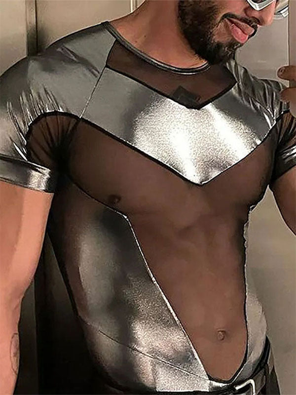 Mens Metallic Mesh Patchwork Short Sleeve Bodysuit SKUK39073