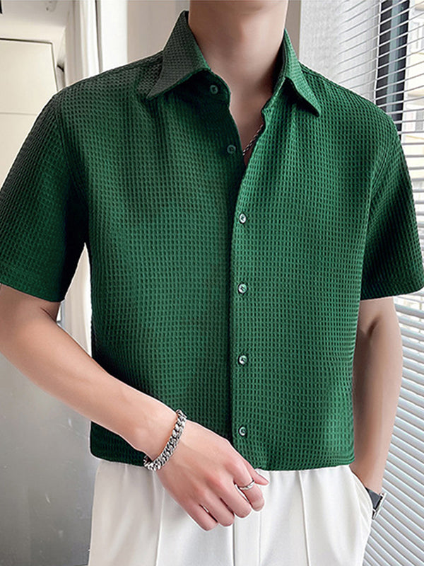 Mens Solid Waffle Lapel Short Sleeve Shirt SKUK16327