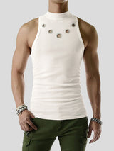 Mens Metal Hole Half-Collar Texture Tank Vest SKUK09326