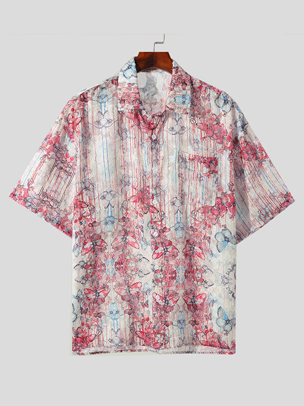 Mens Butterfly Print Fringe Short Sleeve Shirt SKUK71333