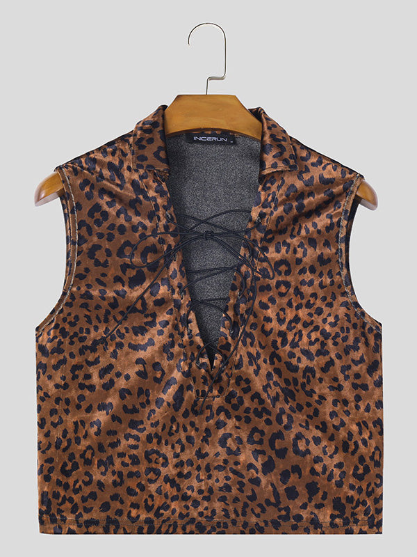 Mens Leopard Print Straps Sleeveless Crop Tops SKUK58193