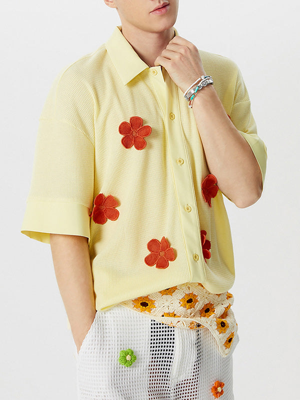 Mens Solid Textured Flowers Short Sleeve Shirt SKUK61862