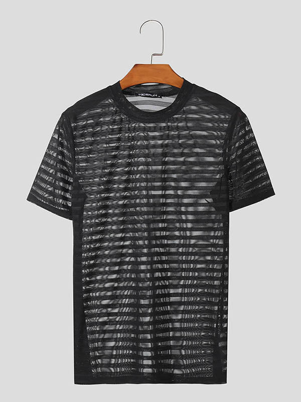 Mens Striped See-Through Short Sleeve T-Shirt SKUK71355