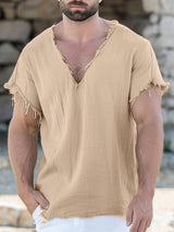 Mens V-Neck Solid Color Short Sleeve T-Shirt SKUK65531