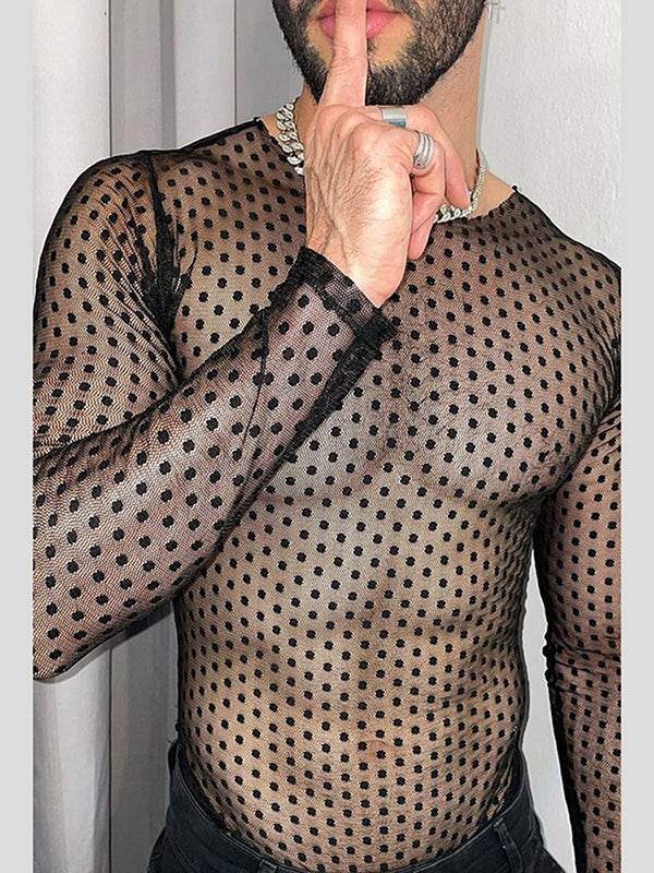 Mens Sexy Sheer Polka Dot Long-Sleeve T-Shirt SKUK73578