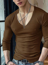 Mens Minimalist Textured Deep V-Neck T-Shirt SKUK70564