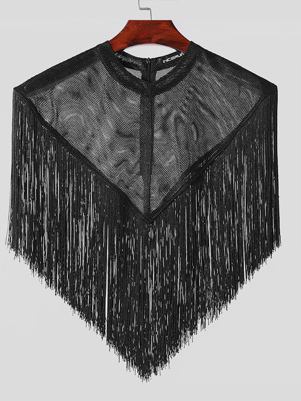 Mens Mesh Fringe Patchwork Stand Collar Cloak SKUK46410