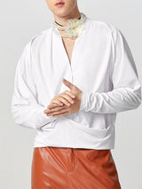 Mens Twist Design Deep V-Neck Long-Sleeve Shirt SKUK76331