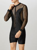 Mens Sheer Mesh Patchwork Long-Sleeve Bodysuit SKUK84395