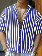 Mens Striped V-Neck Short-Sleeve Shirt SKUK71393